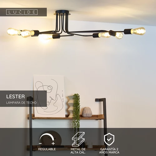 Lucide LESTER - Lámpara de techo - 8xE27 - Negro - USP